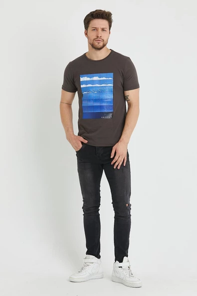 Erkek Baskılı T-shirt Kahverengi - Resim 11