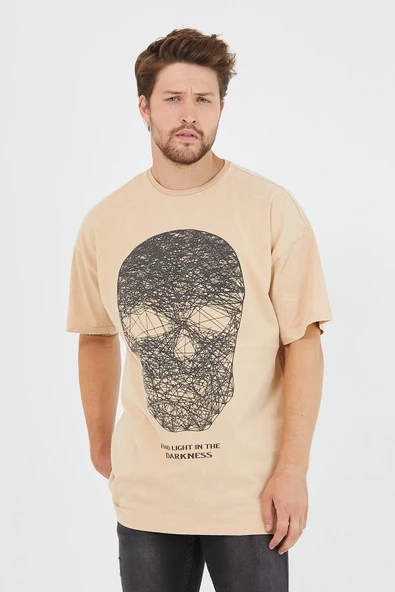 Erkek Parça Boya Baskılı Oversize Basic T-shirt  Bej - Resim 7