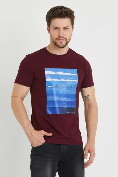 Erkek Baskılı T-shirt Bordo - Resim 3