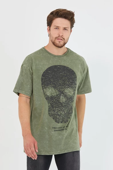 Erkek Parça Boya Baskılı Oversize Basic T-shirt  Haki - Resim 5