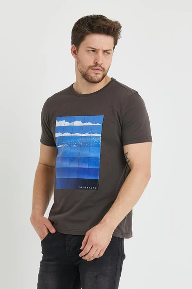 Erkek Baskılı T-shirt Kahverengi ürün görseli 1