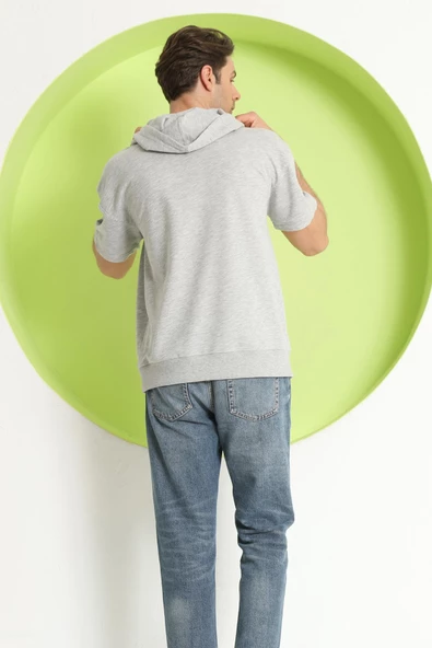 Baskılı Oversize Kapüşonlu Erkek T-Shirt Gri Melanj - Resim 4