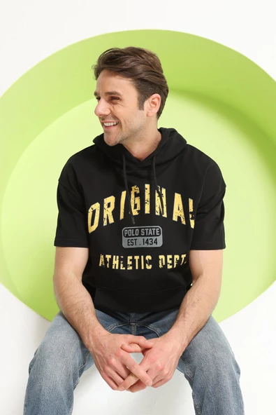 Baskılı Oversize Kapüşonlu Erkek T-Shirt Siyah - Resim 5