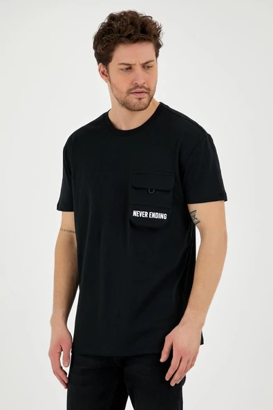 Erkek Oversize Cep detaylı T-shirt  Siyah