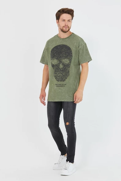 Erkek Parça Boya Baskılı Oversize Basic T-shirt  Haki - Resim 6