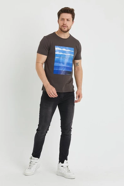 Erkek Baskılı T-shirt Kahverengi - Resim 10