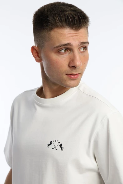 Erkek Oversize Fit Göğüs Baskılı Basic Tişört Beyaz - 3