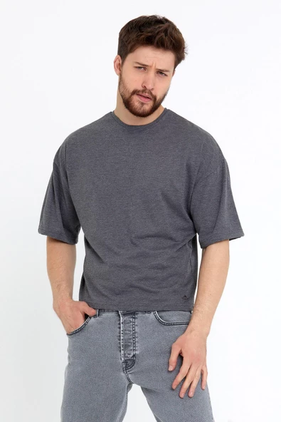 Erkek Oversize Baskılı T-shirt Antrasit - 6