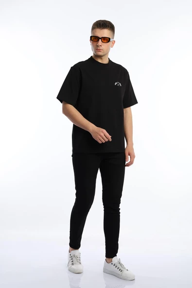 Erkek Oversize Fit Göğüs Baskılı Basic Tişört Siyah - 3