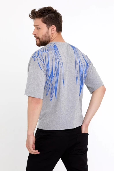 Erkek Oversize Baskılı T-shirt Gri Melanj - 6