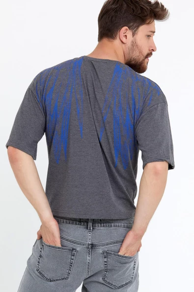 Erkek Oversize Baskılı T-shirt Antrasit - 5