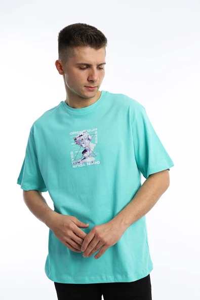 Erkek Oversize Fit Open Your Eyes Baskılı Tişört Turkuaz - Resim 2