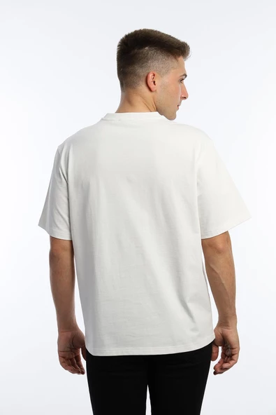 Erkek Oversize Fit Göğüs Baskılı Basic Tişört Beyaz - 4