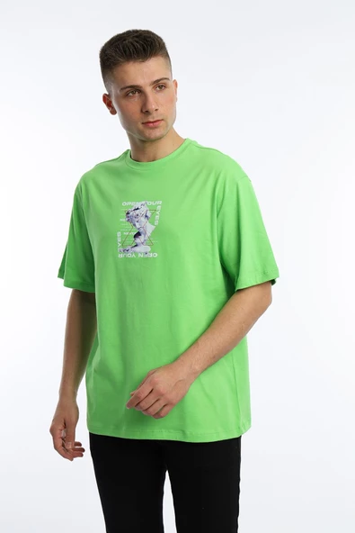 Erkek Oversize Fit Open Your Eyes Baskılı Tişört Yeşil - 3