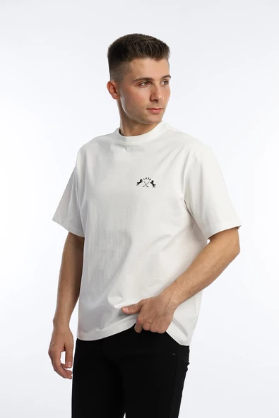 Erkek Oversize Fit Göğüs Baskılı Basic Tişört Beyaz - 2
