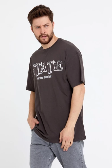 Erkek Oversize Baskılı T-shirt Kahverengi