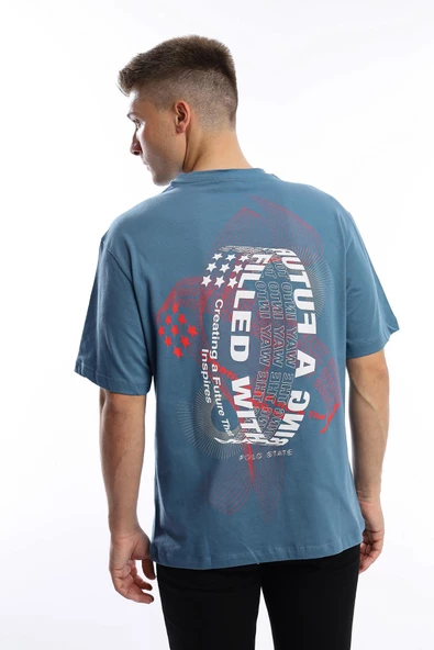 Erkek Oversize Fit Ön Arka Baskılı Basic Tişört İndigo ürün görseli 1