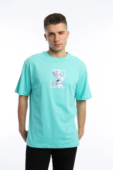Erkek Oversize Fit Open Your Eyes Baskılı Tişört Turkuaz ürün görseli 1