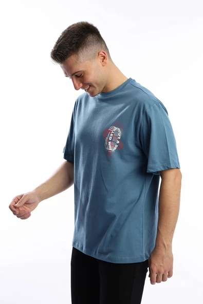 Erkek Oversize Fit Ön Arka Baskılı Basic Tişört İndigo - Resim 3