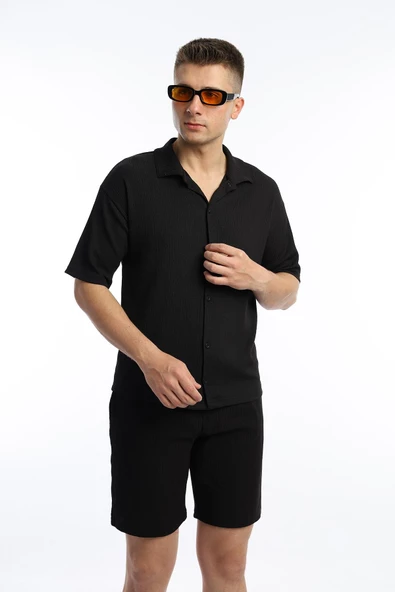 Erkek Crinkle Kumaş Regular Fit Gömlek Siyah - 3