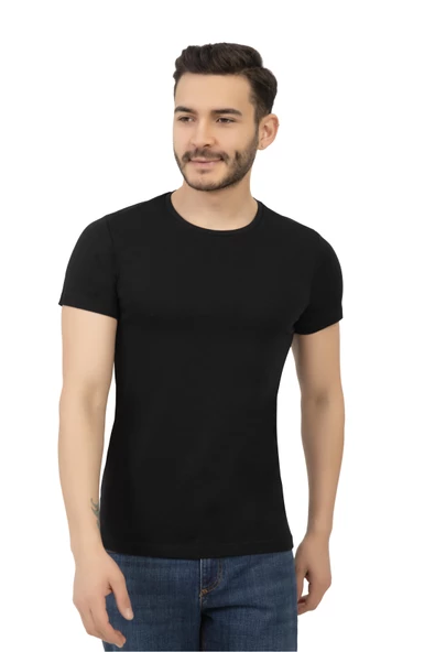 Erkek Bisiklet Yaka Regular Fit Basic Tişört Siyah - 2