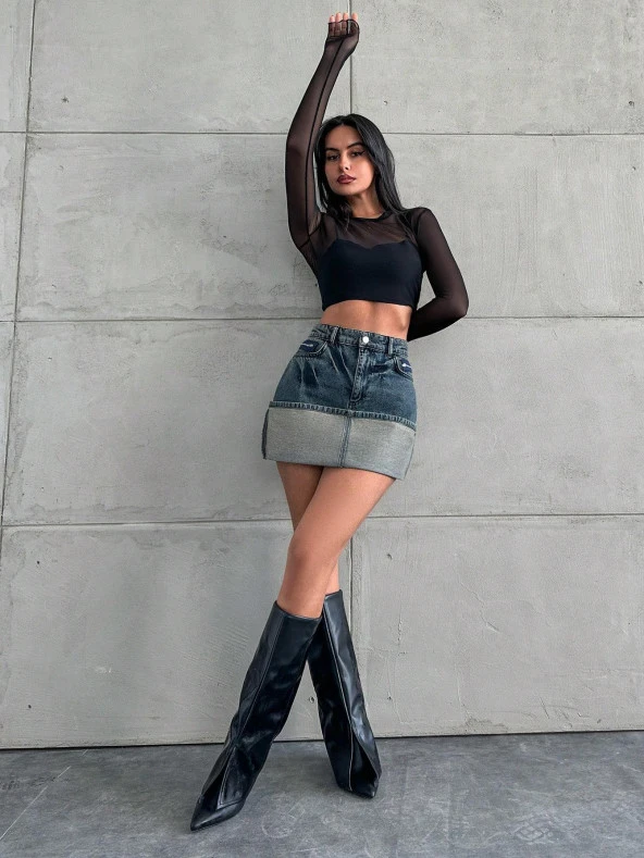 Kadın Slim Fit Cepli Mini Kot Etek Mavi - Resim 4