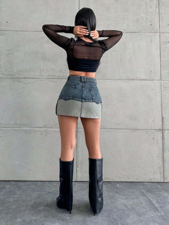 Kadın Slim Fit Cepli Mini Kot Etek Mavi - Resim 5