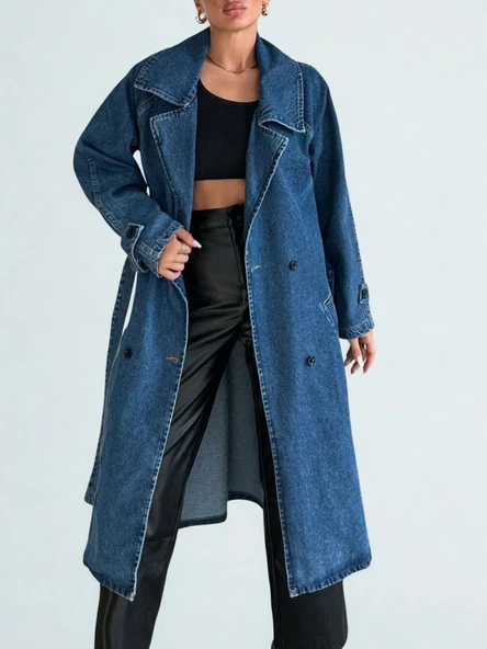 Kadın Kruvaze Yaka Denim Trençkot Mavi - Resim 2