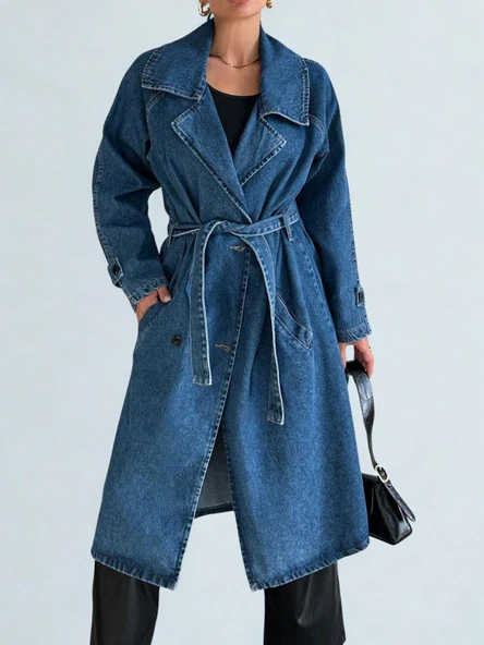 Kadın Kruvaze Yaka Denim Trençkot Mavi ürün görseli