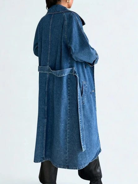 Kadın Kruvaze Yaka Denim Trençkot Mavi - Resim 5