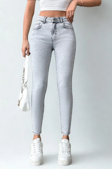 Kadın Likralı Skinny Kot Pantolon Gri - Resim 2