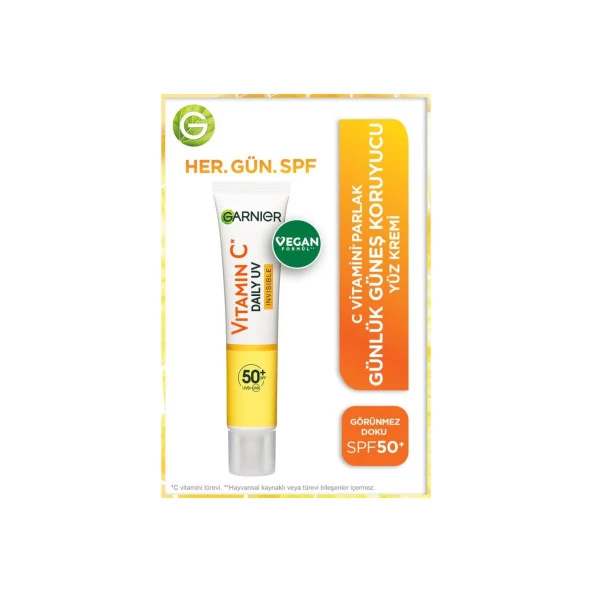 Garnier C Vitamini Parlak Günlük Güneş Koruyucu Fluid Yüz Kremi Görünmez Doku SPF50+ 40ML