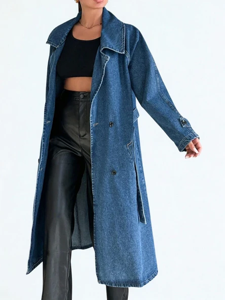 Kadın Kruvaze Yaka Denim Trençkot Mavi - Resim 4