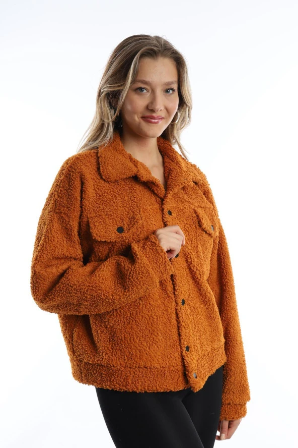 Kadın Çıt Çıt Kapamalı Kıvırcık Peluş Ceket  Tarçın - Resim 4
