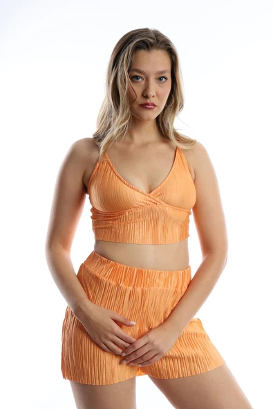 Kadın Piliseli Kumaş Üst / Alt Takım Turuncu - Resim 11