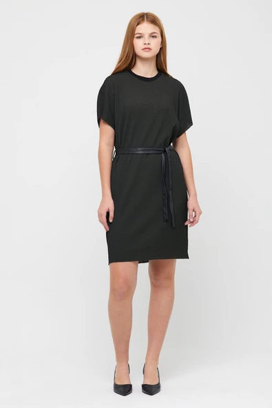 Kadın Bisiklet Yaka Jakarlı Beli Kuşaklı Kısa Elbise Haki - Resim 10