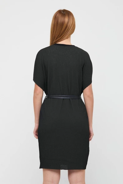 Kadın Bisiklet Yaka Jakarlı Beli Kuşaklı Kısa Elbise Haki - Resim 12