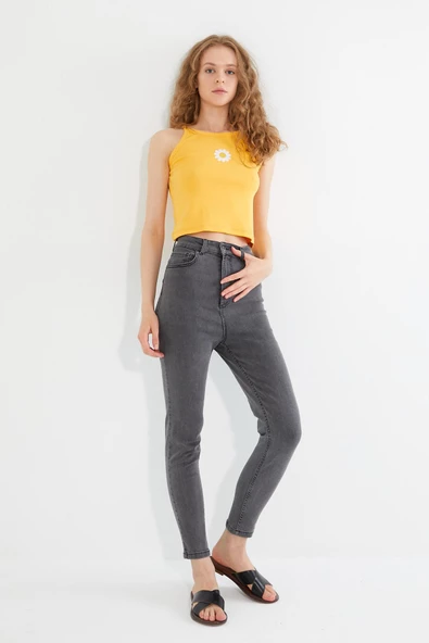 Kadın Papatya Nakışlı Askılı Crop Atlet Sarı - Resim 7