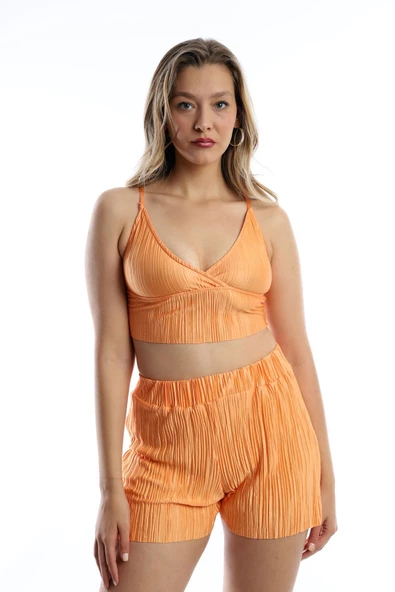 Kadın Pliseli  Askılı Crop Turuncu - Resim 12