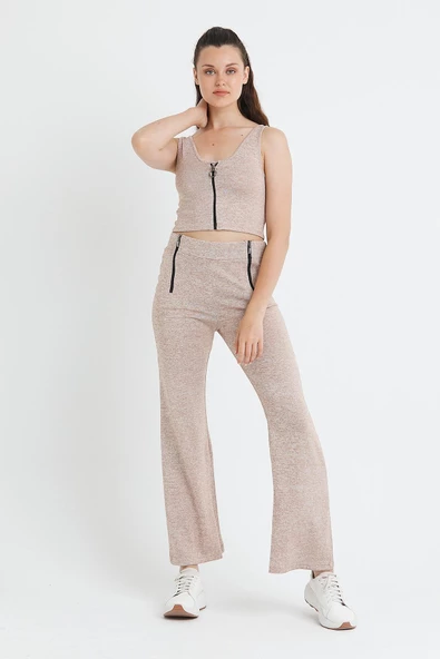 Kadın Fermuarlı Crop  Kum Rengi - Resim 6