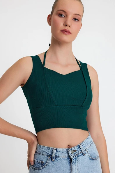 Kadın Ense Biye Detaylı Crop Yeşil - 9