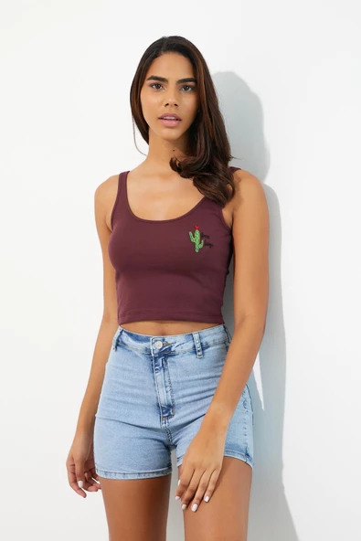 Nakışlı Kadın Askılı Crop Atlet Bordo - Resim 6