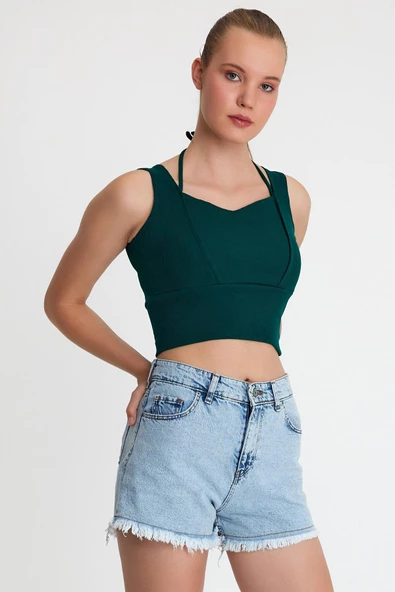 Kadın Ense Biye Detaylı Crop Yeşil - 12