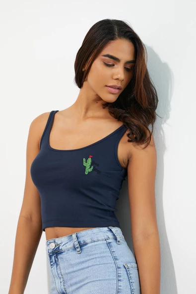 Nakışlı Kadın Askılı Crop Atlet Lacivert - 6