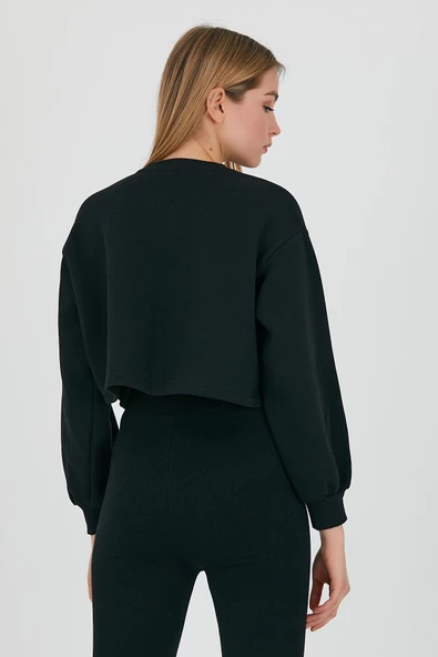 Kadın Bisiklet Yaka 3 İplik Sweatshirt Siyah - Resim 4