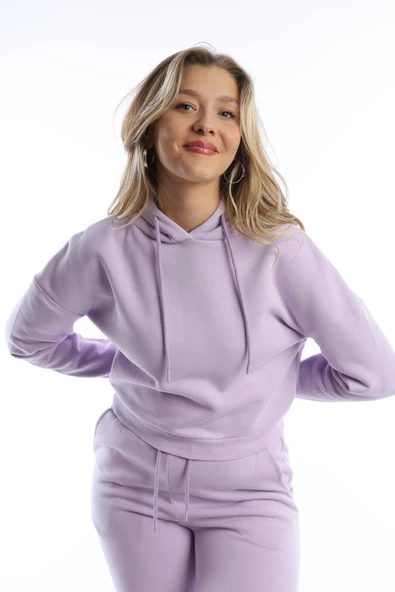 Kadın Kapüşonlu 3 İplik Şardonlu Sweat Lila - Resim 7