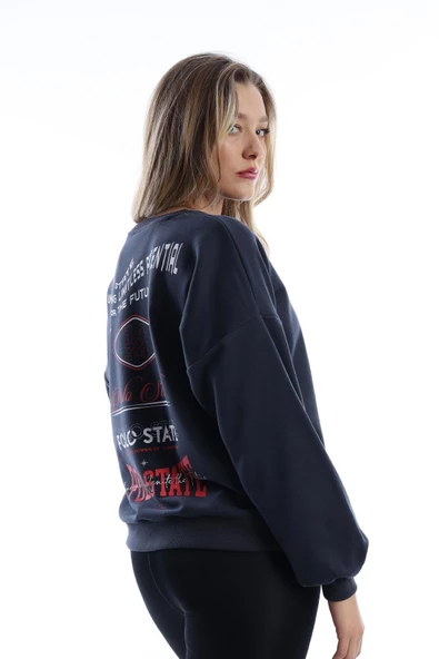 Kadın Ön Arka Polo State Baskılı 3 İplik Sweat  Füme - Resim 10