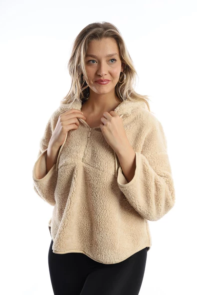 Kadın Kapüşonlu Peluş Sweat Ekru - 8