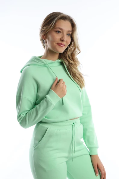 Kadın Kapüşonlu 3 İplik Şardonlu Sweat Açık Yeşil - Resim 8