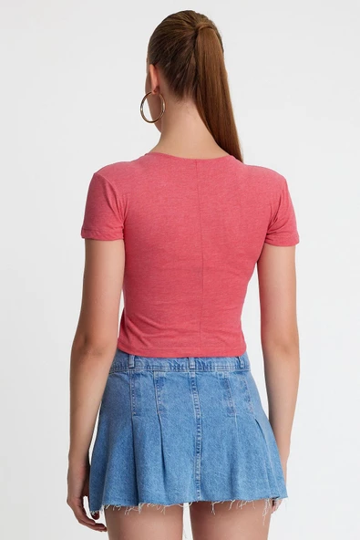 Kadın V Yaka Basic T-shirt Nar Çiçeği - 10